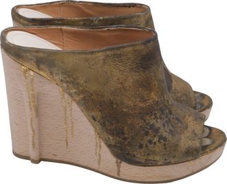 Maison Margiela Distressed Paint Drip Wedge Sandals in Gold Leather