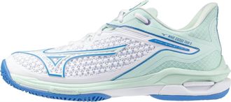 Mizuno Womens Wave Exceed Tour 6 Ac Shoes In White-Frontier Blue