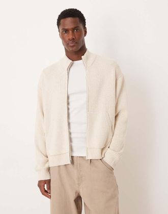 Abercrombie & Fitch Cardigan accollato color crema con zip-Bianco