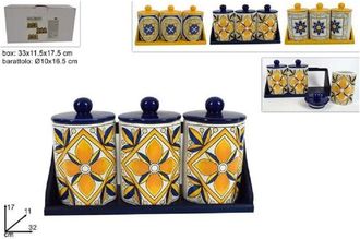 Trade Shop Trade Shop - Tris Barattoli Set 3 Pz Barattoli Con Supporto Ceramica Decoro Fantasia Maiolica