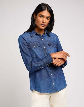 Lee Langarmbluse LEE Lee Hemden Regular Western Shirt, Damen, Gr. L, blau (dunkelblau), Obermaterial: 100% Baumwolle CO., Blusen Langarmbluse