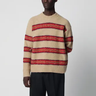 Dries Van Noten Maglione beige con motivo a righe in misto lana