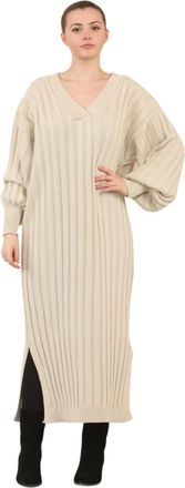 Janisramone Womens Rib Knitted Dress, Long Balloon Sleeve V Neck Maxi Dress, Warm Side Split Dress, Winter Maxi Dresses for Women UK, Casual Long Knitted Jumper D