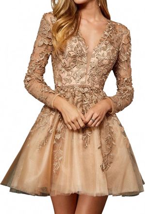 Sherri Hill Long-Sleeve Cocktail Dress In Gold