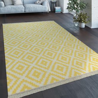 Paco Home Paco Home - Alfombra Tejida A Mano De Moda Con Flecos Dise&ntilde;o Marroqu&iacute; Moderno En Blanco Amarillo 120x170 Cm