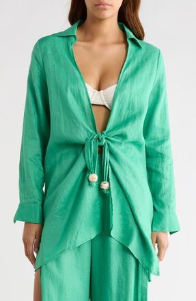 Elan Tie Front Long Sleeve Linen Cover-Up in Green at Nordstrom, Size X-Small