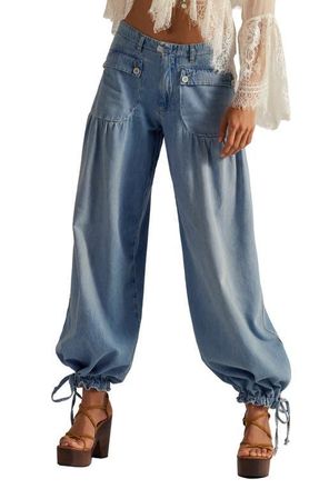 Free People Lotus High Waist Tie Hem Barrel Leg Jeans in Bijou Blue at Nordstrom, Size 30