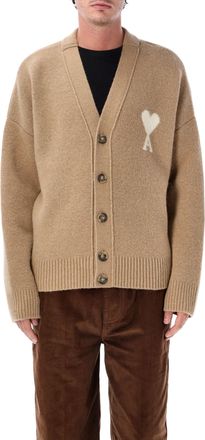 Ami V-Neck Alpaca Cardigan with Intarsia Heart Logo