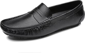 Generic Loafers for Men Penny Loafer Genuine Leather Stitching Details Round Toe Anti-Slip Lightweight Flexible Casual Classic Slip-ons(Black,5.5 UK)