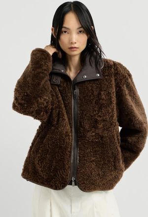 Brunello Cucinelli Fuzzy shearling reversible outerwear jacket with monili in Brown at Nordstrom, Size 40