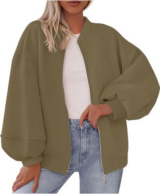 Generic Women Bomber Jacket Long Sleeve Full Zip Up Flight Jackets with Pockets Round Neck Baseball Coat Lightweight Solid Color Casual Oversized Sweatshirt F