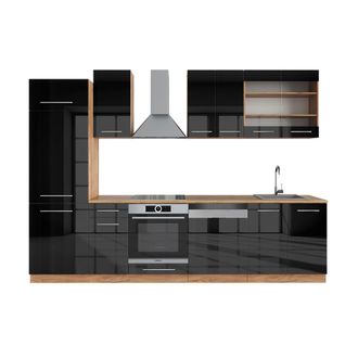 Vicco Mueble De Cocina Fame-line, Antracita Brillo Intenso/roble Dorado El&eacute;ctrico, 300 Cm, Et Roble