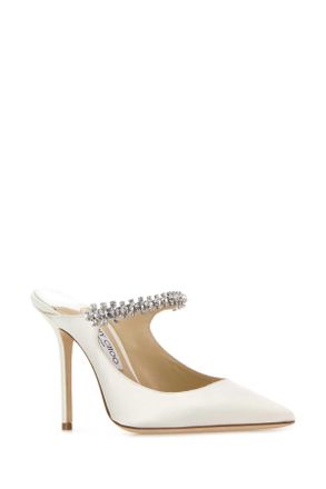 Jimmy Choo London Womens White Satin Bing 100 Mules Ivory Textile Leather Salpa Metal Scarpe Con Tacco