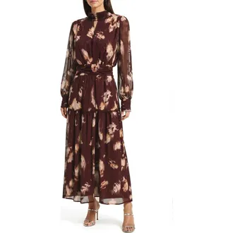 Mila Mae Long Sleeve Floral Maxi Dress in Wine Floral at Nordstrom Rack, Size Medium