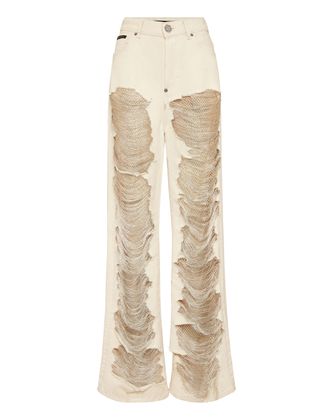 Philipp Plein Mesh Strass Denim Trousers Skater Fit Ripped