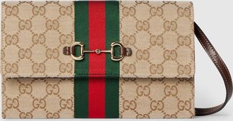 Gucci Horsebit Web Wallet With Strap, Beige, GG Canvas