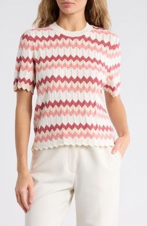 Adrianna Papell Zigzag Short Sleeve Pointelle Sweater in Sweet Rose Chevron at Nordstrom Rack, Size X-Small