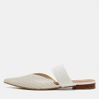 Malone Souliers White Perforated Leather and Maisie Cord Pointed Toe Mules Size 40.5