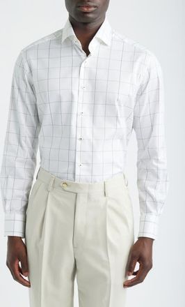 Eterna Modern Fit Windowpane Check Non-Iron Cotton Twill Dress Shirt in Brown at Nordstrom, Size 17.5 - L