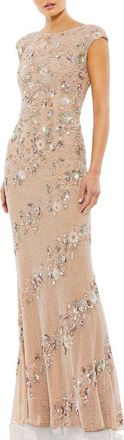 Mac Duggal Womens Floral Embellished Cap Sleeve Sheath Gown in Nude Silver at Nordstrom, Size 14