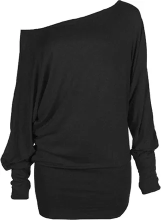 Crazy Girls GOSTYLES Womens Plain Batwing Bardot Jumper Top, Ladies Loose Fit Long Sleeve Off Shoulder Blouse Summer Shirts (Black, S-M)
