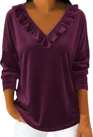 Generic Velvet Womens Tops, Womens Velvet Top V Neck Long Sleeves Solid Casual Tunic Blouse Loose Fit Lightweight Comfortable T-Shirt Dress Elegant Going Out 