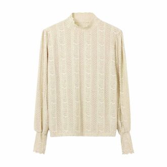 Generic 2025 Sweater Women Lace Shirts Mock Neck Long Sleeve Top Casual Blouses Stretch Lace Slim T Shirt Dressy Blouse Tunic Tops (Khaki, L)