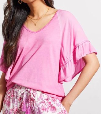 Tribal Raglan Pop Over V Neck Double Frill Short Sleeve Top In Hot Pink