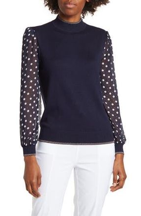 By Design Leila Mock Neck Chiffon Sleeve Sweater in Navy Blazer W/Polka Dot at Nordstrom Rack, Size X-Large