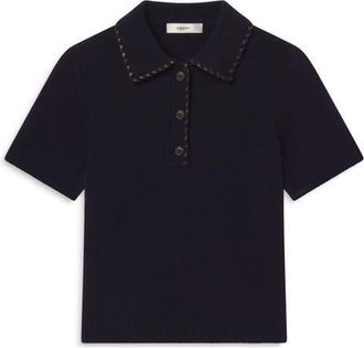 Frame Denim Leather Whipstitch Wool & Cashmere Sweater in Navy at Nordstrom, Size X-Small