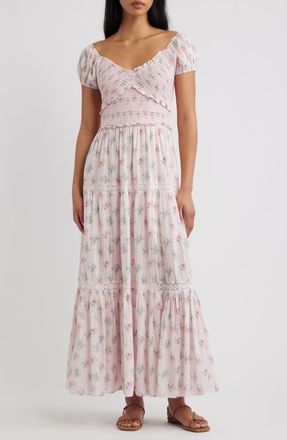 LoveShackFancy Amandla Floral Smock Bodice Cotton Maxi Dress in Eau De Rose at Nordstrom, Size Xx-Small