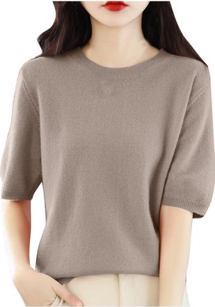 Generic Knitted Short Sleeve Top Women Lightweight Jumpers Plain Casual Knitted Blouse Raglan Sleeve Tunic Tops Crewneck Loose Pullover Sweaters Soft Smooth K