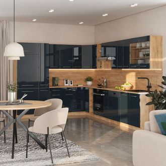 Vicco Cocina Esquinera Fame-line, Azul Oscuro Alto Brillo/roble Dorado, 257 X 60 Cm, Et Antracita, Vicco