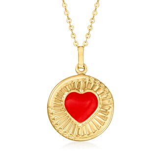 Canaria Canaria Red Enamel Heart Circle Pendant Necklace in 10kt Yellow Gold