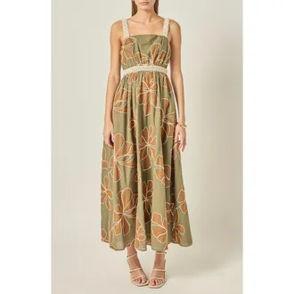 English Factory Embroidered Floral Waist Cutout Cotton Maxi Dress in Olive/cream at Nordstrom, Size X-Small