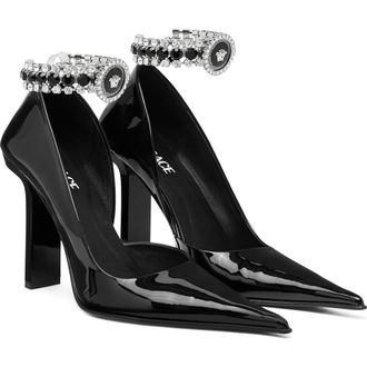 Versace Crystal Ankle Strap Half dOrsay Pointed Toe Pump in Black-Palladium at Nordstrom, Size 7.5Us