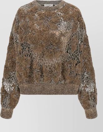 Brunello Cucinelli ribbed floral-embroidered open-mesh sweater