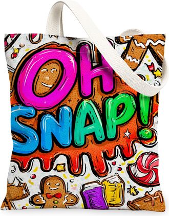 Generic Gingerbread Canvas Tote Bags, Fun Holiday Snack Pattern Reusable Grocery Bags, Winter Fanciful Lightweight Washable Shoulde, Colorful, 13x15 Inch