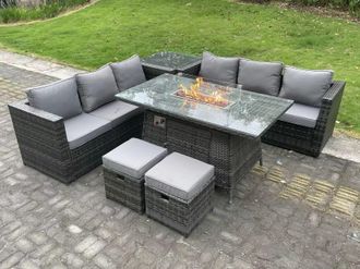 Fimous 8 Seater Outdoor Rattan Gas Fire Pit Table Sets Heater Lounge Footstools in Dark Grey