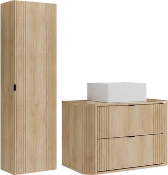 Vente-Unique Mueble de ba&ntilde;o suspendido con lavabo sobre encimera cuadrado y columna - Natural claro - 80 cm - FILOR