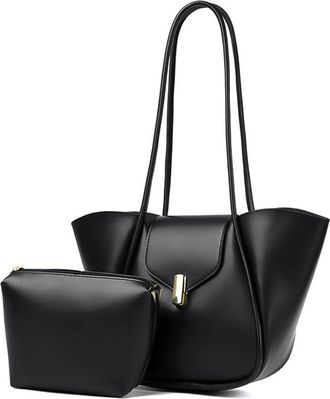 Generic PU Leather Simple Tote Handbag for Female for School Work Travel (Black)