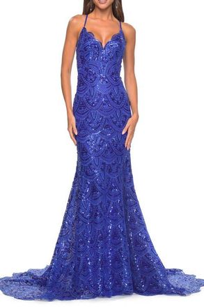 La Femme Print Sequin Mermaid Dress with Lace Up Back in Royal Blue at Nordstrom, Size 00