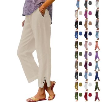Generic Trousers for Women UK Womens Linen Trousers Cosy Summer Pants Elastic Waist Lightweight with Pockets Casual Loose Fit Lounge Pants Solid Summer Women
