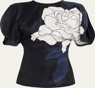 Victoria Beckham Flower-Print Satin Draped Sleeve Top