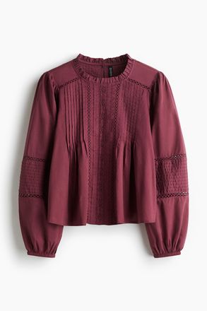 H&M Baumwollbluse mit Biesenfalten - Weinrot