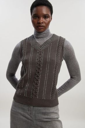 Karen Millen Womens Embellished Hotfix V Neck Knit Tank - Charcoal Cotton - Size X-Small