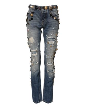 Dolce & Gabbana Womens Distressed Button Embellished Jeans - Blue Cotton - Size EU 32 (Womens)
