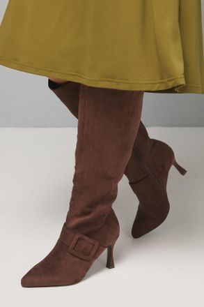 Wallis Womens Wide Fit Hazel Faux Suede Covered Buckle Stiletto Knee Boots - Chocolate - Size 5 Wide Fit (UK Shoe)
