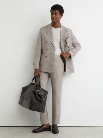 Reiss Taupe Brown Tailored Fit Linen Suit Trousers, 28
