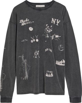 Duke and Dexter Sketch Printed Long Sleeve Cotton T-shirt - Grey - XL